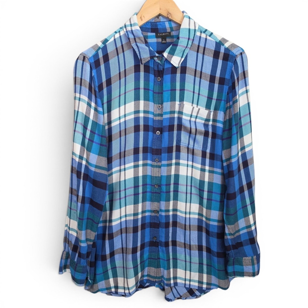 Talbots Top Womens Large Blue Plaid Button Up Rayon Long Sleeve Blouse Casual